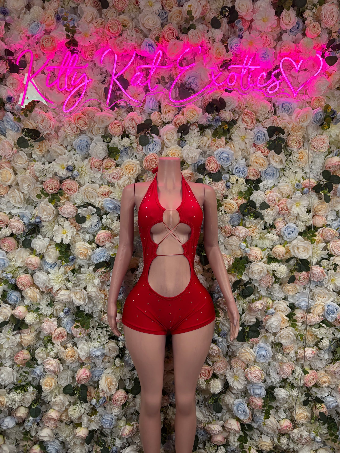 Red Rhinestone Keyhole Cutout Halter Romper | Sexy Festival Rave Clubwear Bodysuit