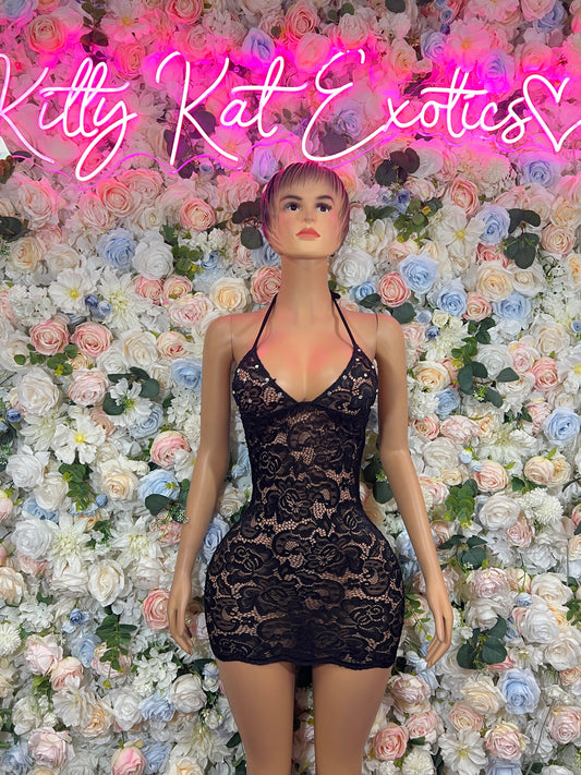 Black lace one-piece dress with spaghetti straps and deep V neckline