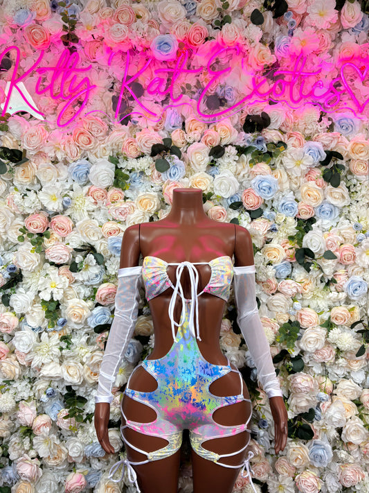 Rainbow hologram one-piece bodysuit with white lace-up straps and sheer sleeves