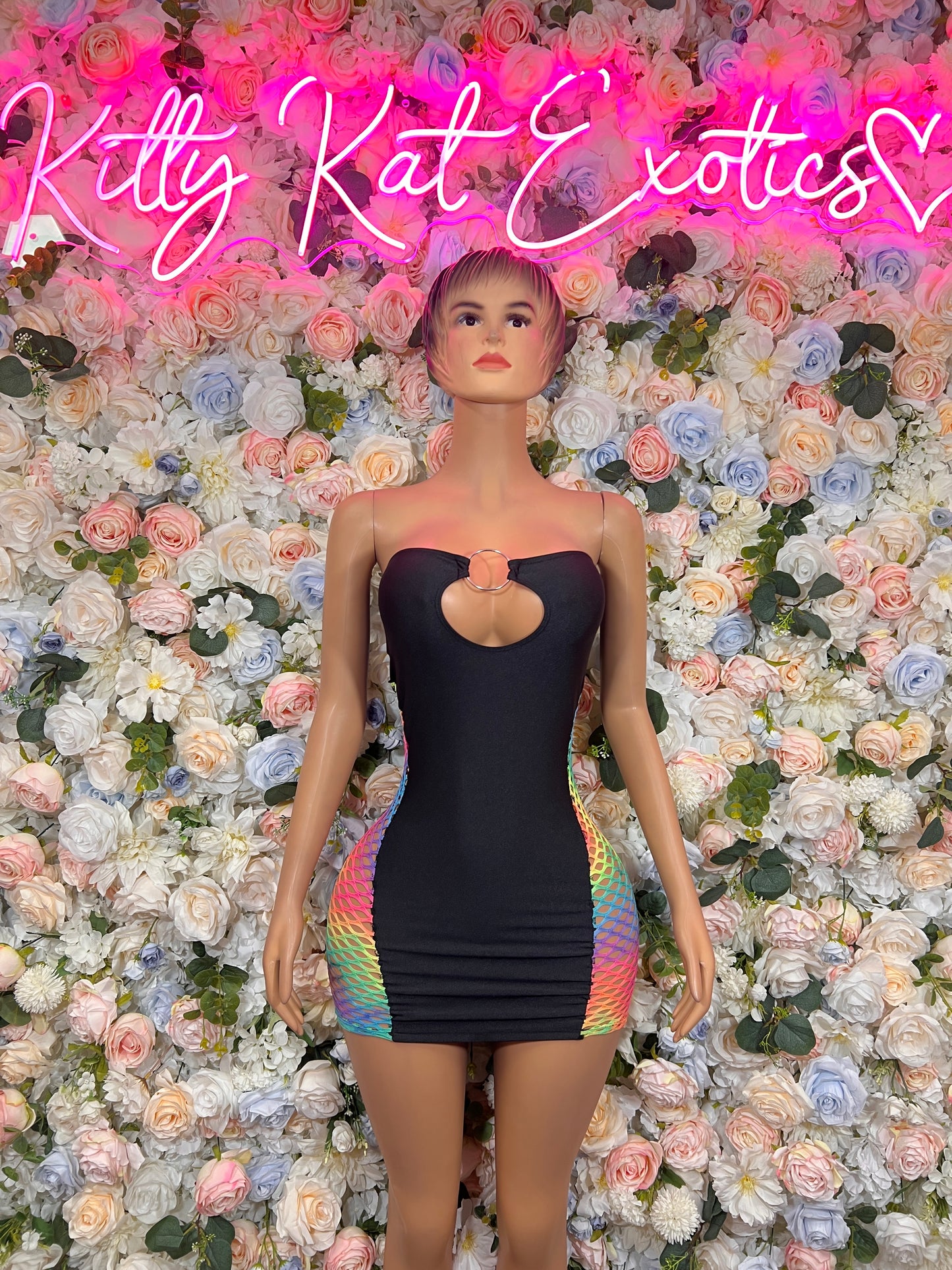 Black mini dress bodysuit with multicolor fishnet side panels, sweetheart front