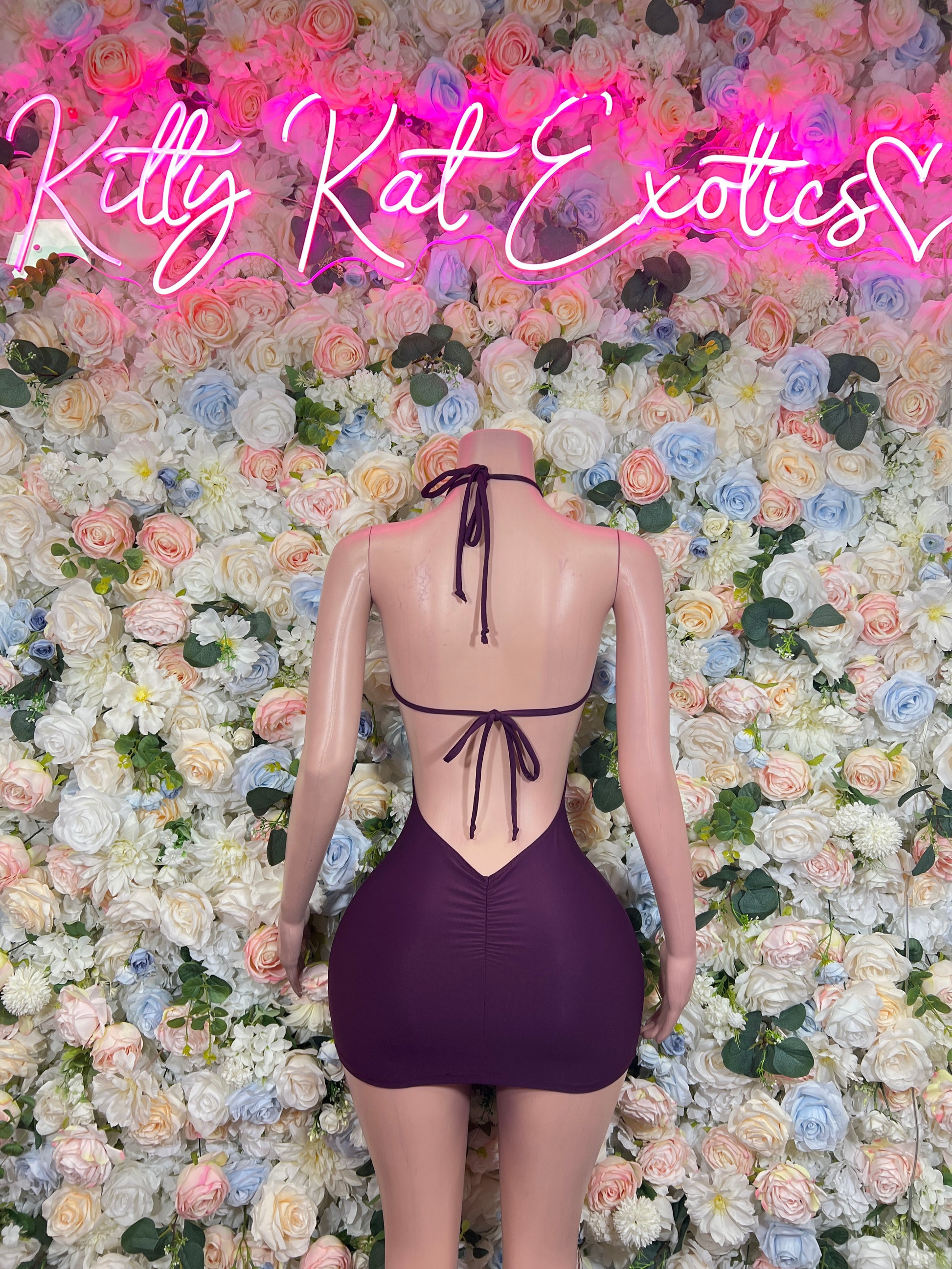 Burgundy mini rave dress, open back with crisscross tie straps