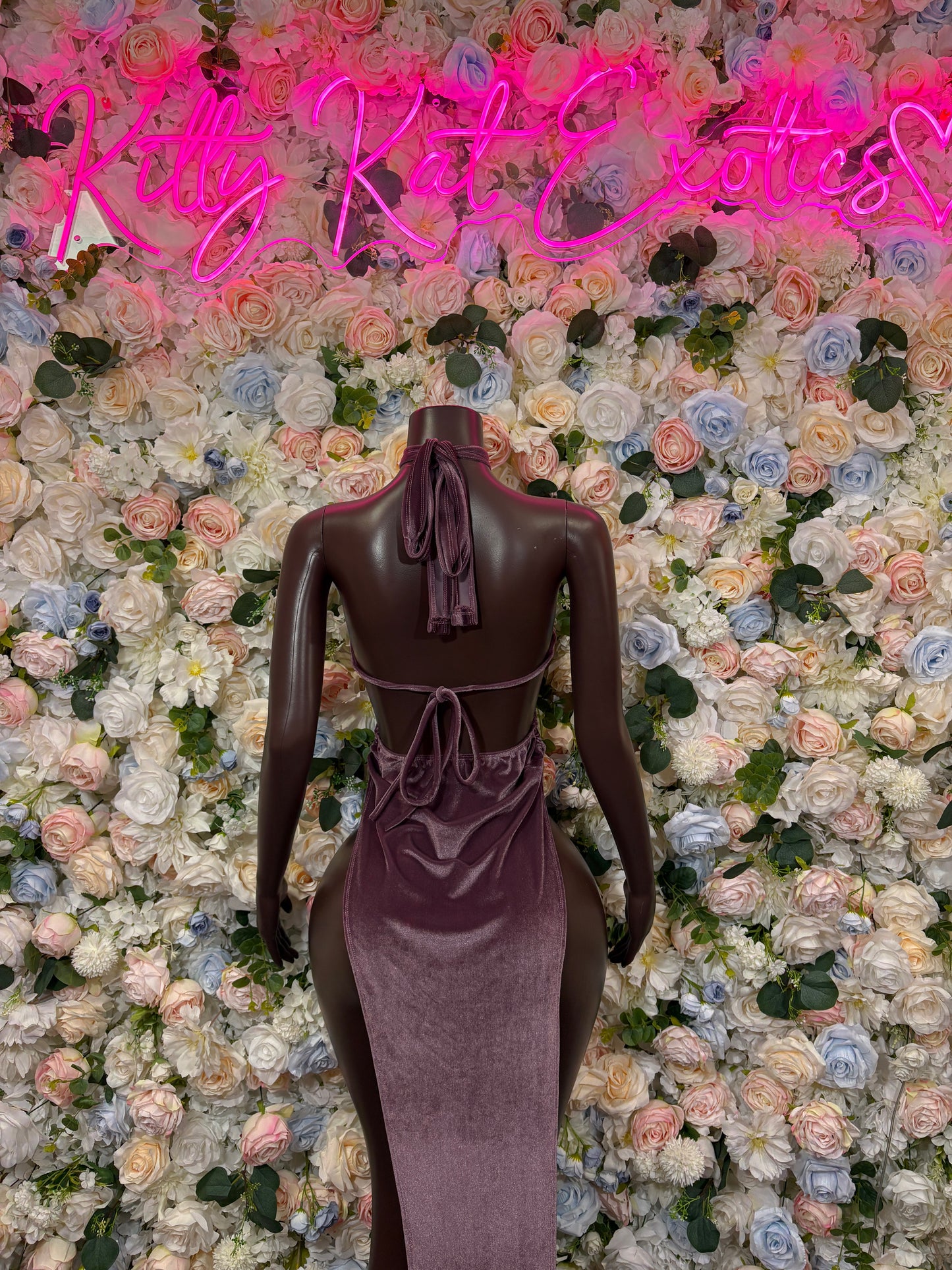 Mauve velvet halter gown with open back and tie waist, long form