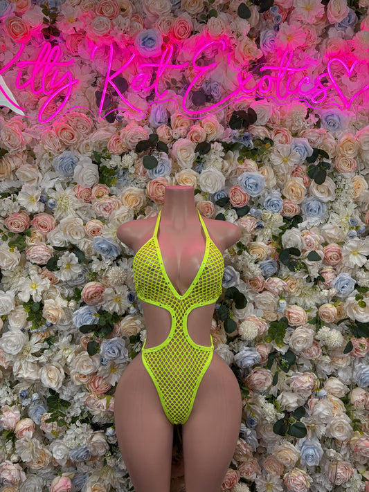 Bottlegirl One-Piece Fishnet Bodysuit - Neon Green  | Exotic Dancewear for Performers, Raves, & Festival Clothing