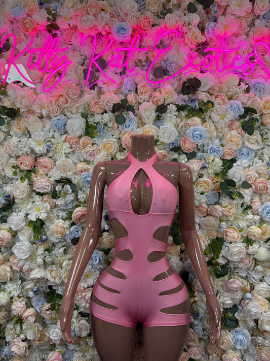 Pink cutout rave bodysuit with halter neckline and long sheer sleeves
