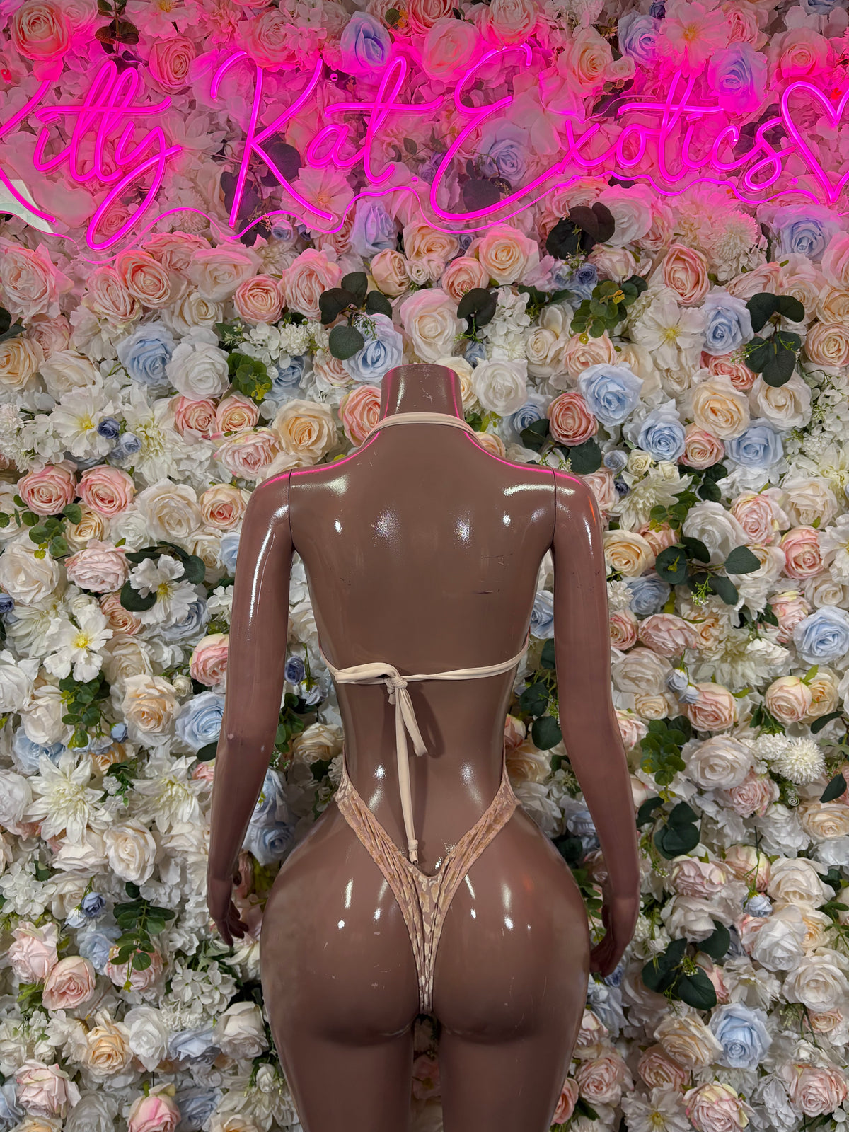 Nude sheer bodysuit with leopard-print panel, open back and high-cut thong bottom