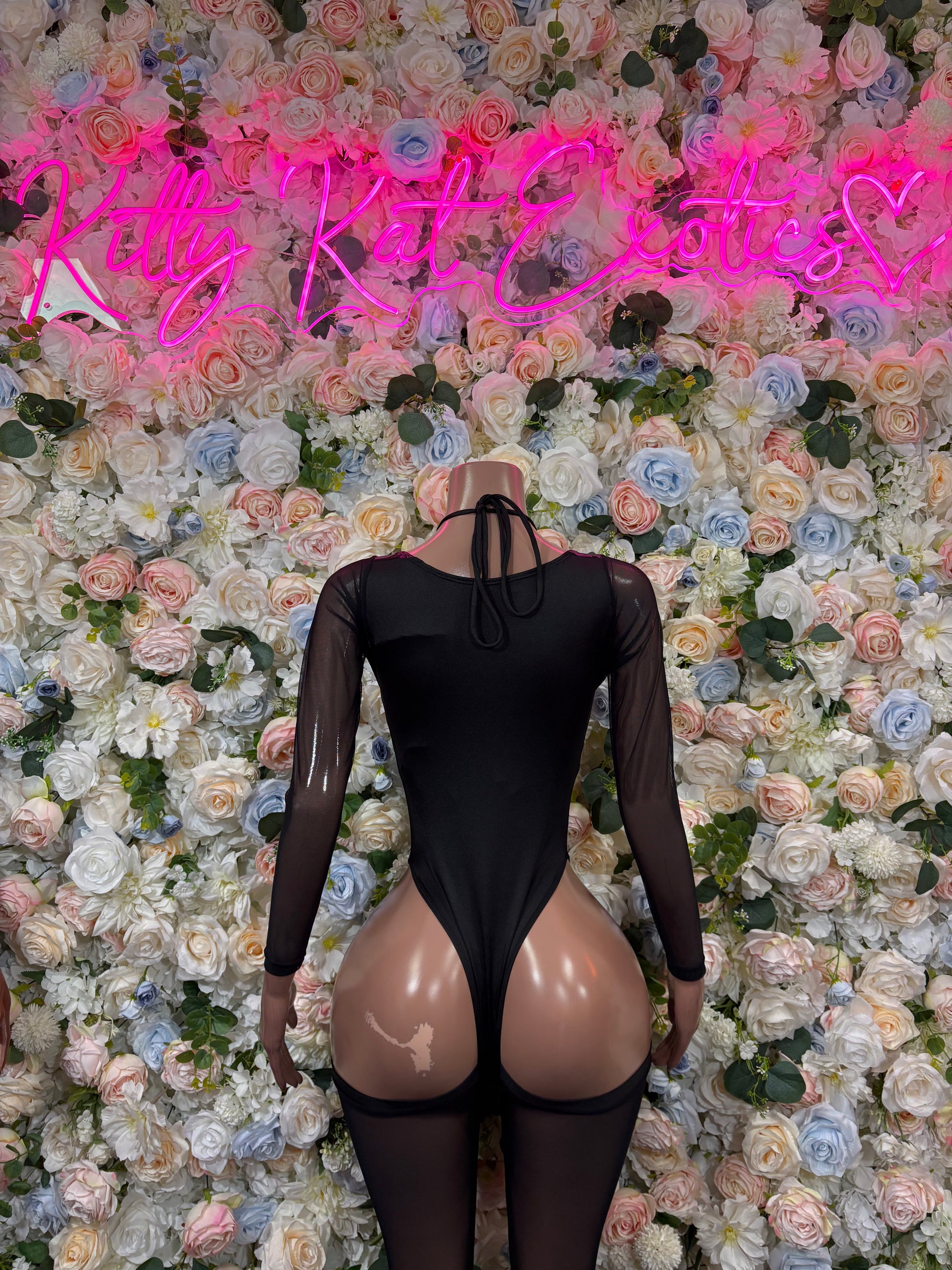 Black sheer long-sleeve bodysuit with lace-up back and cutout waistband