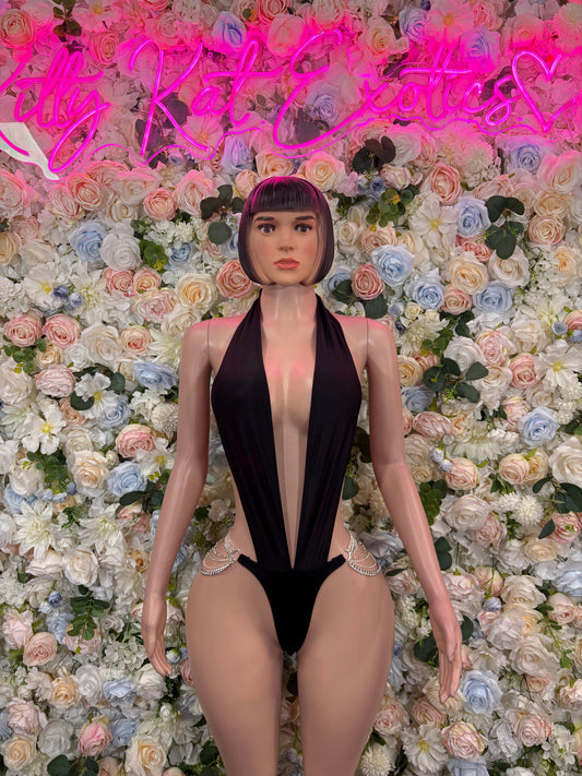 Black halter slingshot bodysuit with deep V front and cheeky cut