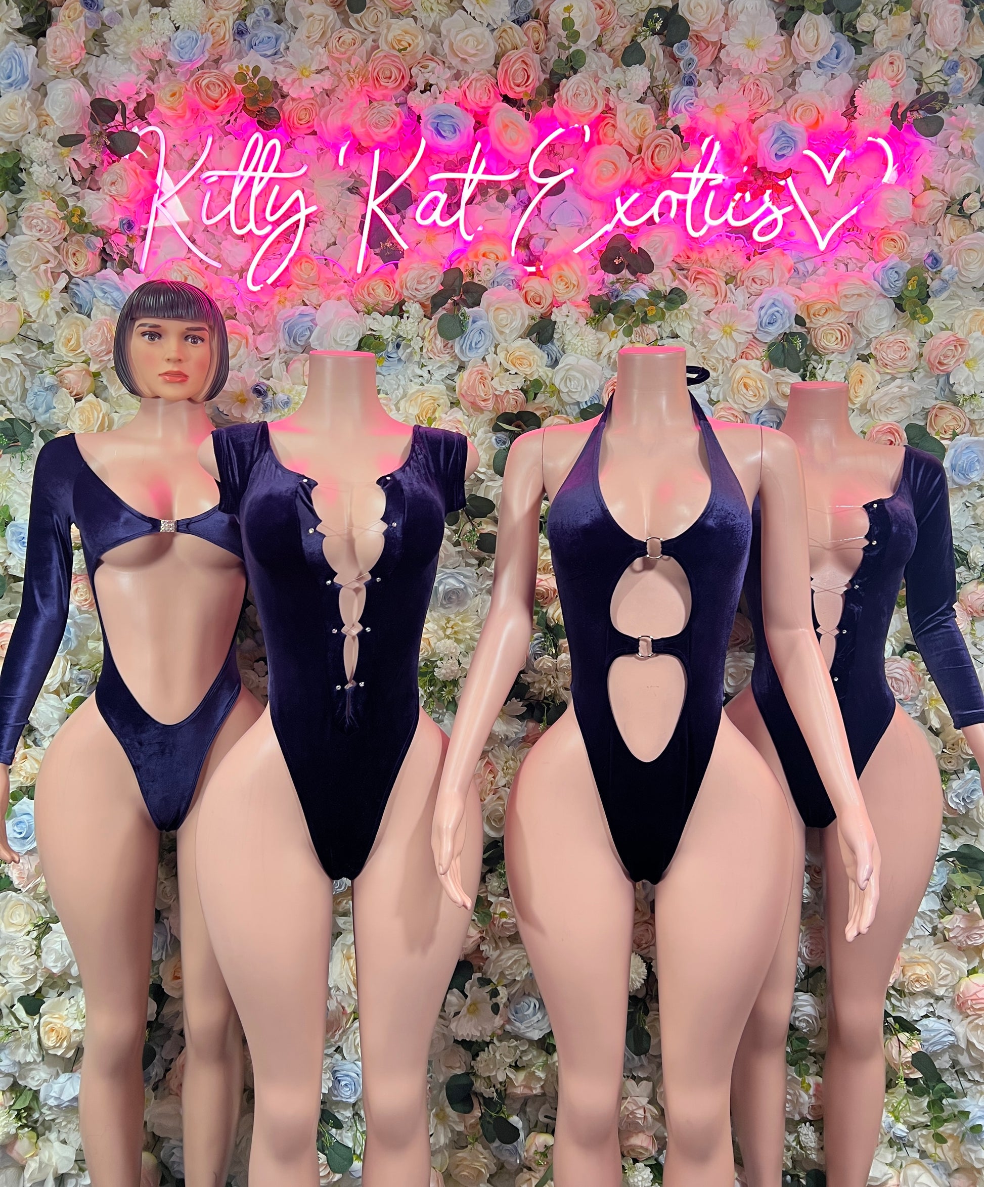 Blue velvet one-piece bodysuit shown on mannequins from front and back angles