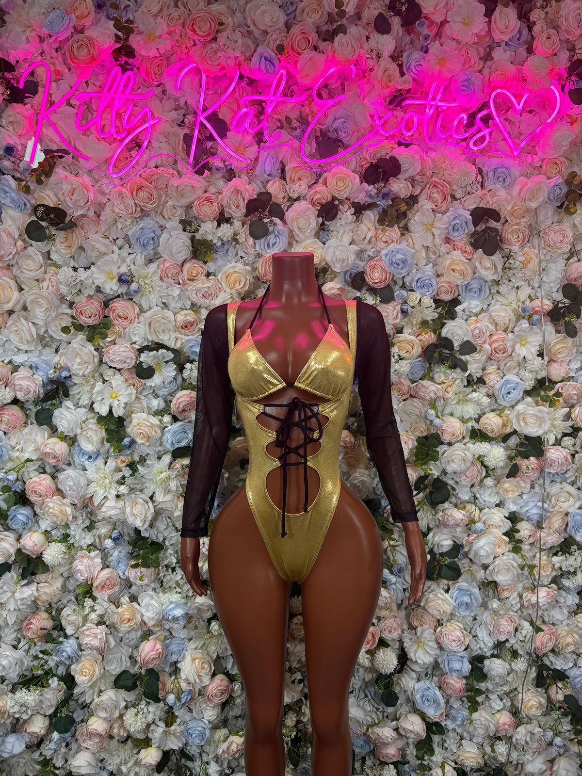 Bottlegirl Gold & Black Lace-Up Cutout Bodysuit | KittyKatExotics