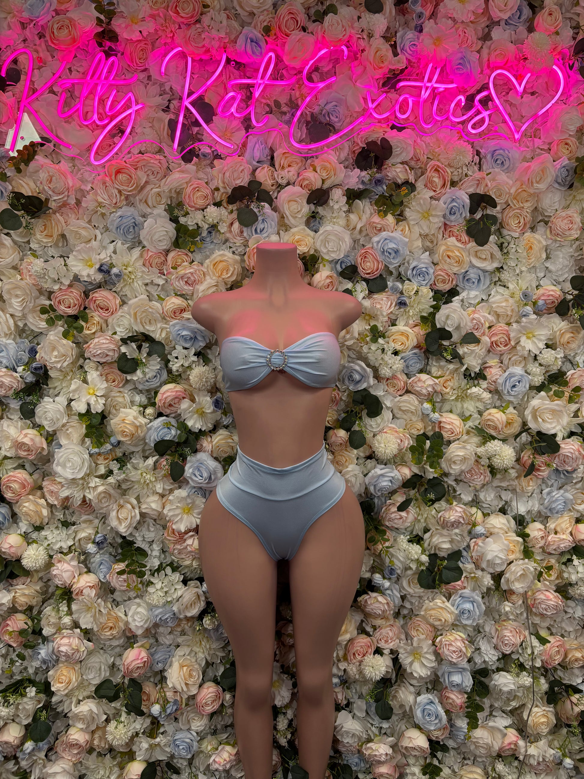 Baby blue two-piece rave outfit with bow-front bandeau bra and high-rise bottoms