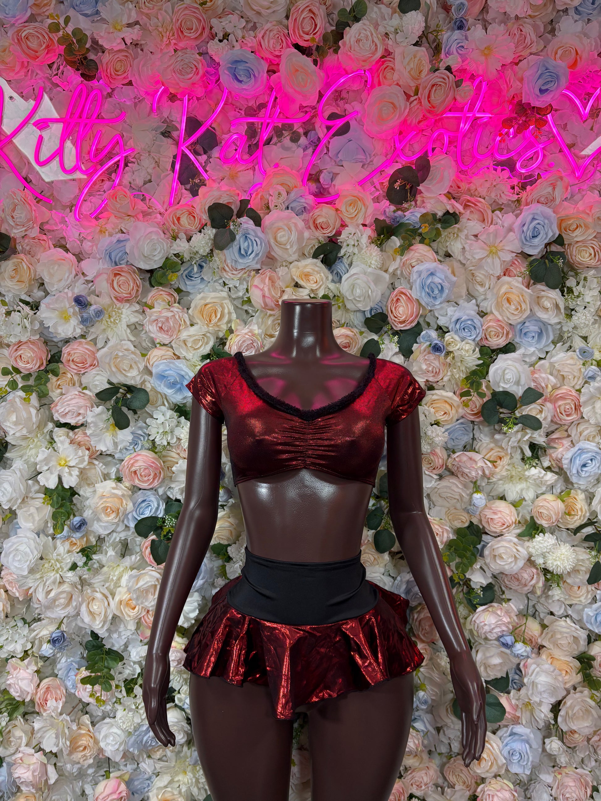 Women’s burgundy satin crop top and matching ruffle mini skirt set
