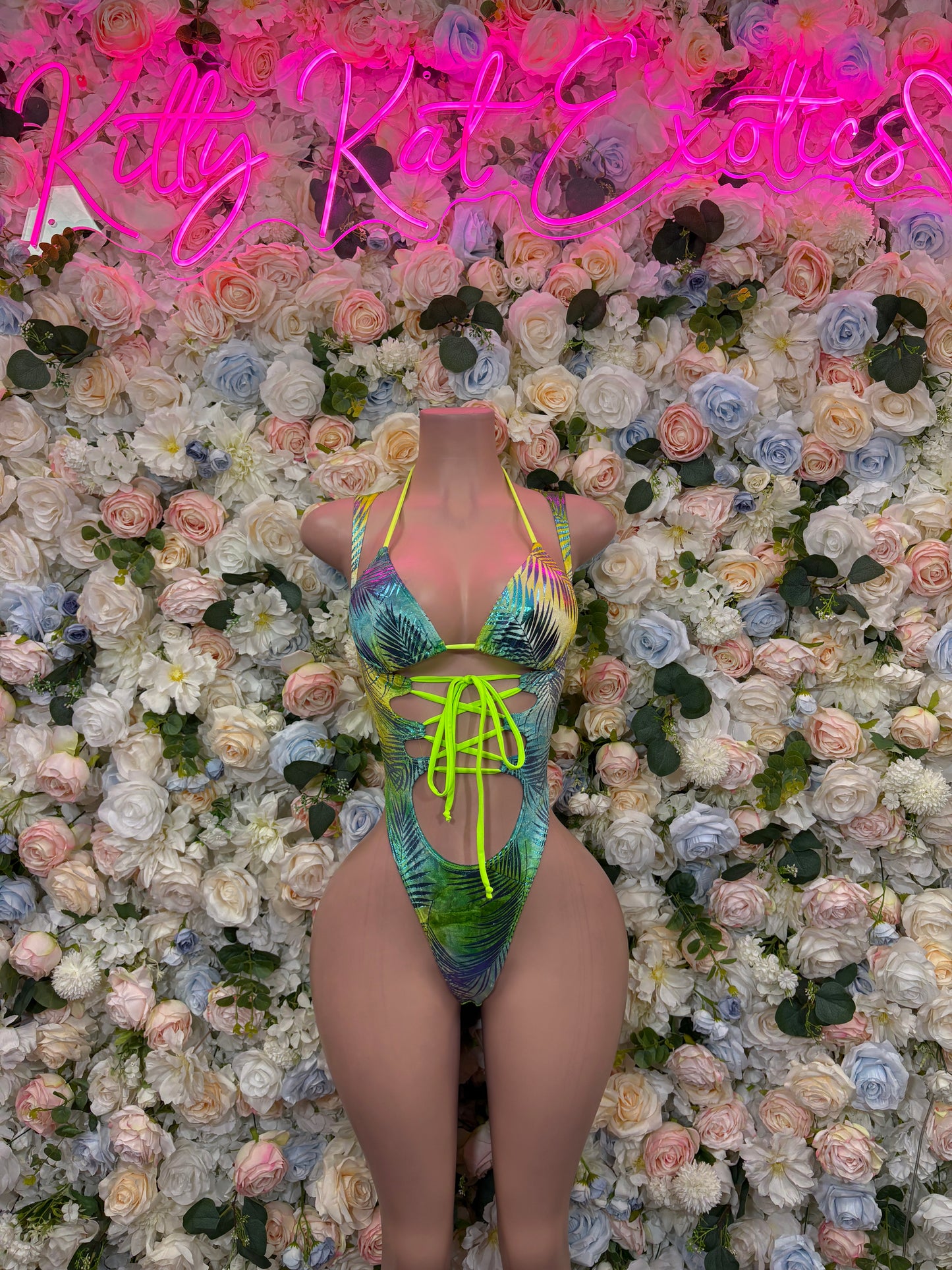 Neon Tropical Print Bodysuit Women - Bottle Girl Bartender Outfit, Rave Festival Dancewear Clubwear