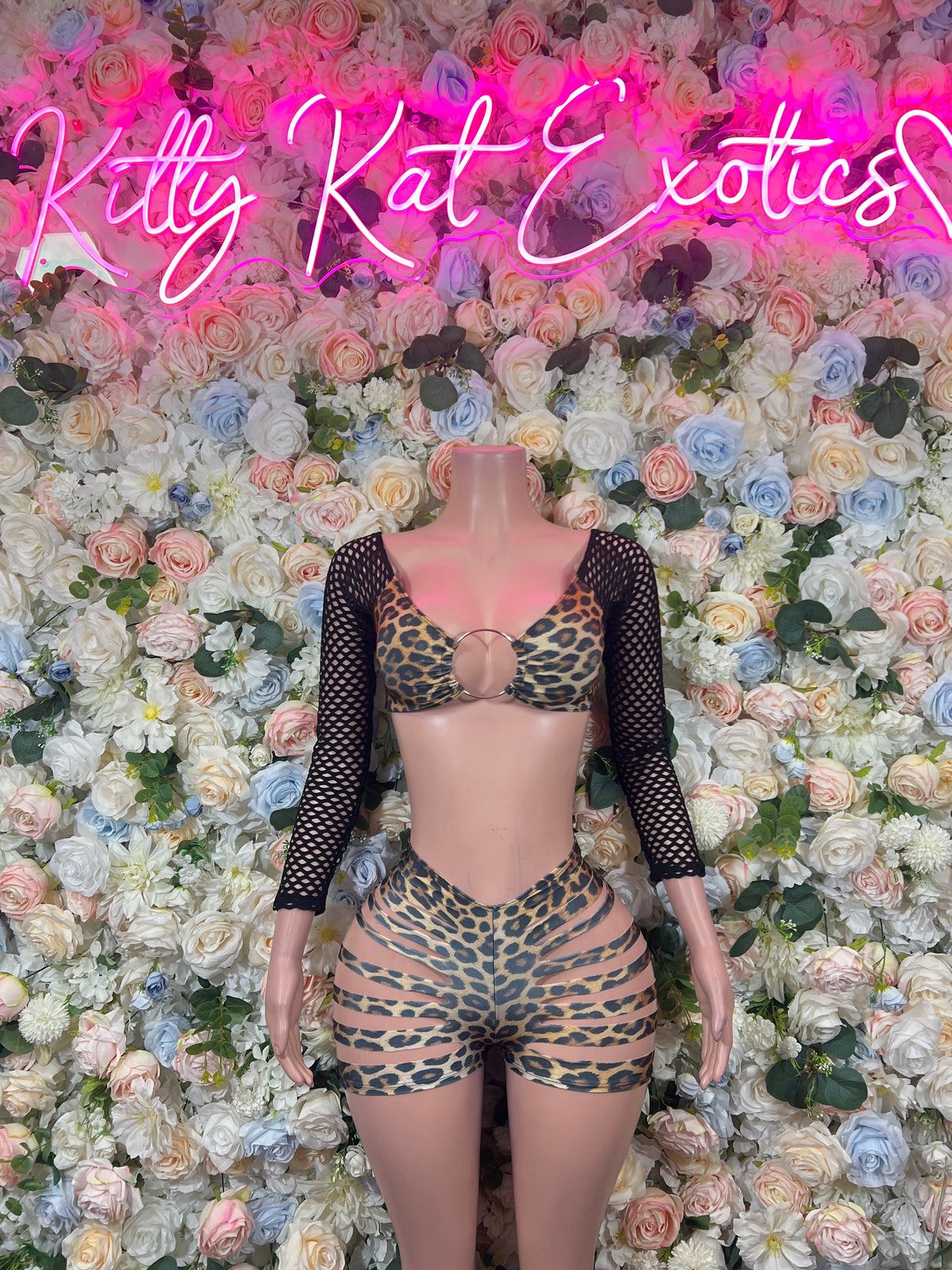 Leopard Print Two Piece Set – Fishnet Sleeve Crop Top & Cutout Shorts, Rave Outfit Dancewear