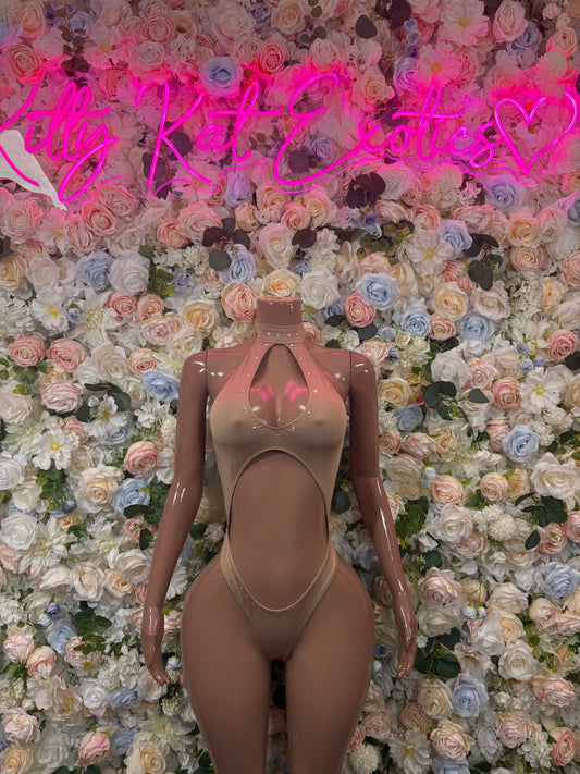Tan high-neck one-piece bodysuit with open back and thong-cut leg openings