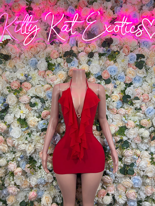 Red plunge halter bodycon mini dress on mannequin, layered ruffle chest detail