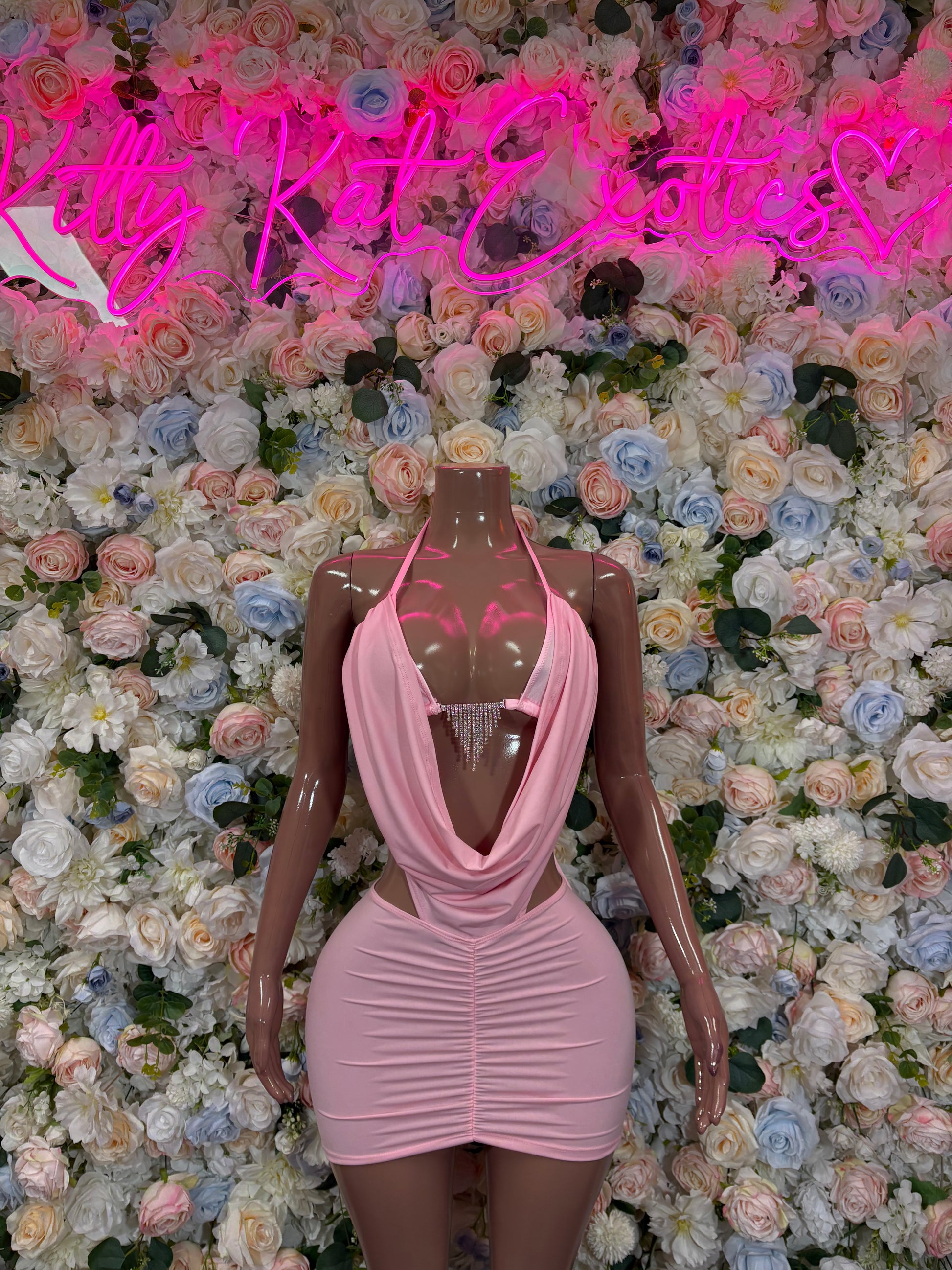 Pink ruched mini dress bodysuit with draped cowl neckline and tie straps