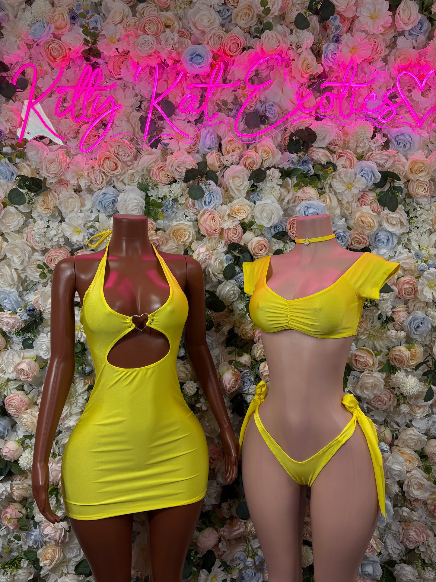Yellow mini dress and yellow bikini set, both with strappy halter design