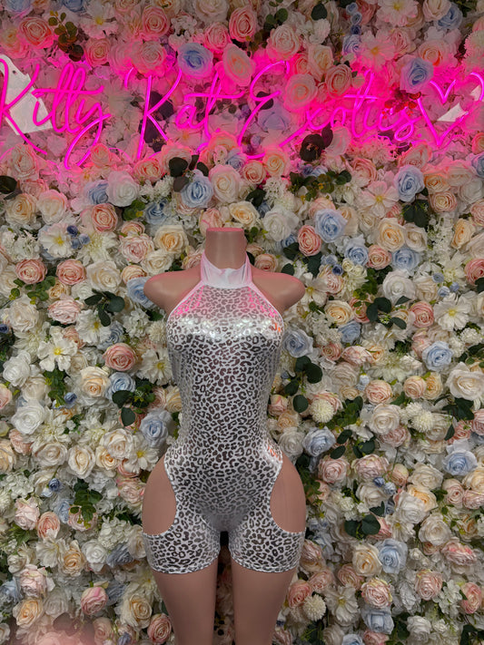 Bottlegirl Bodysuit Silver Cheetah One Piece - Hologram Design | Exotic Dancewear for Performers, Raves