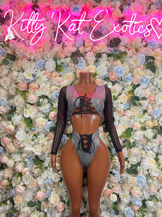 Silver metallic bodysuit with long sheer sleeves, lace-up front and thong-style bottom