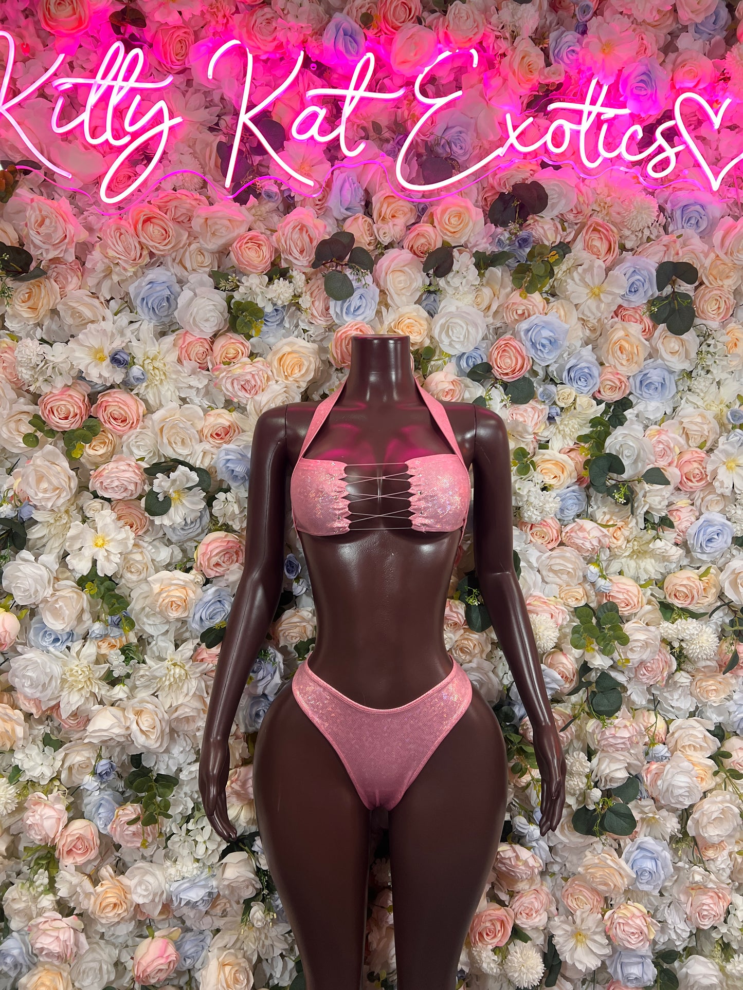 Pink Sequin Lace Up Bandeau Bikini Set High Cut Thong Rave Festival Exotic Dancewear