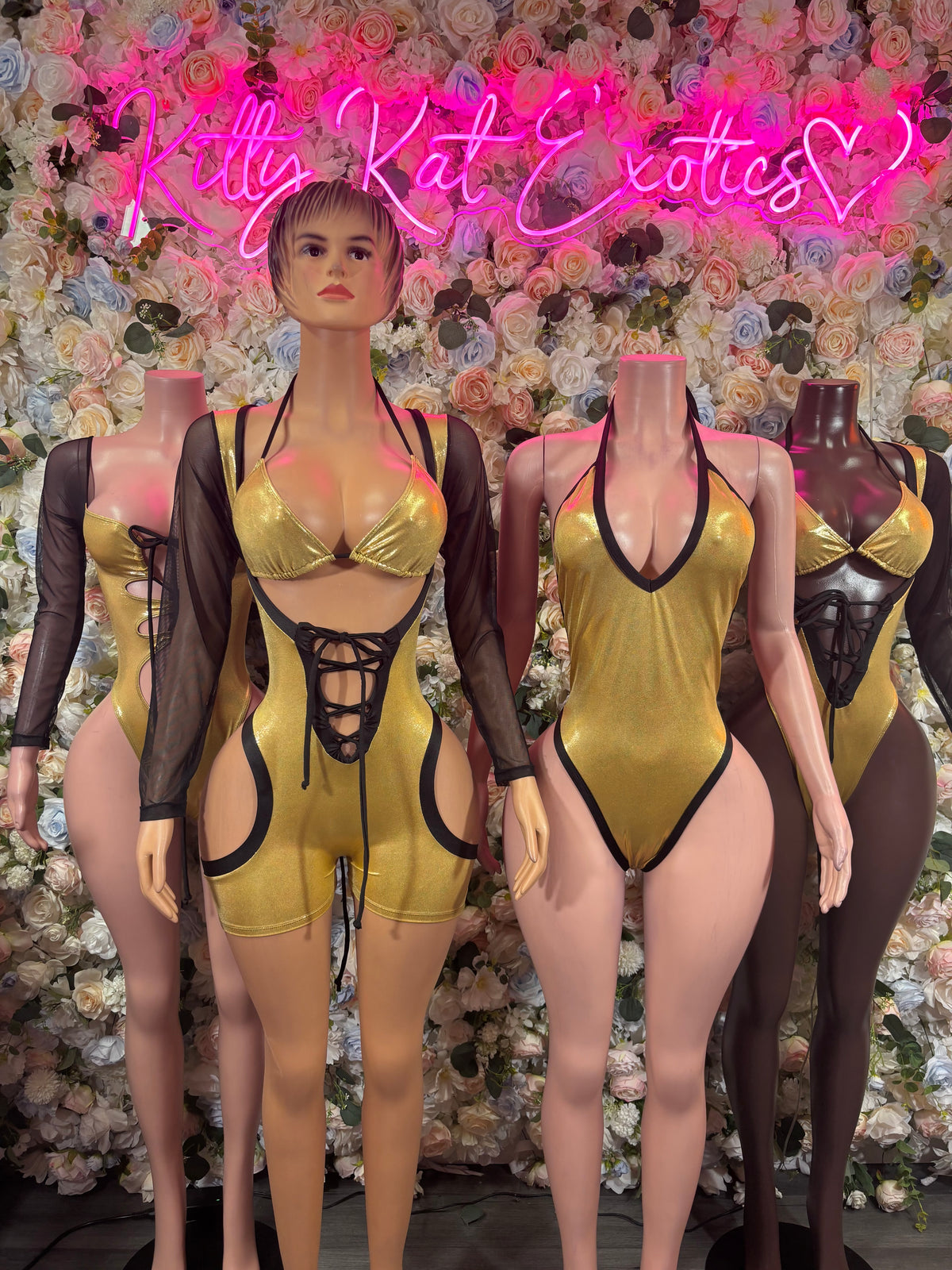 Gold Metallic Lace Up Bodysuit Black Mesh Long Sleeves Triangle Top High Cut Rave Festival Outfit