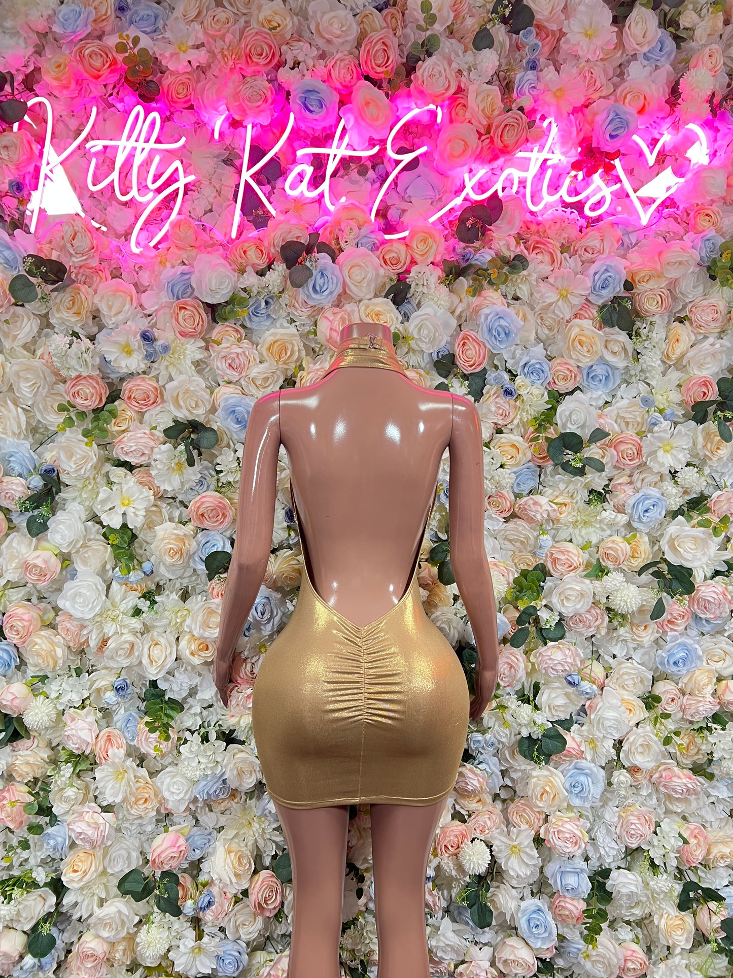 Gold metallic sleeveless bodycon dress, scoop back and ruched seams