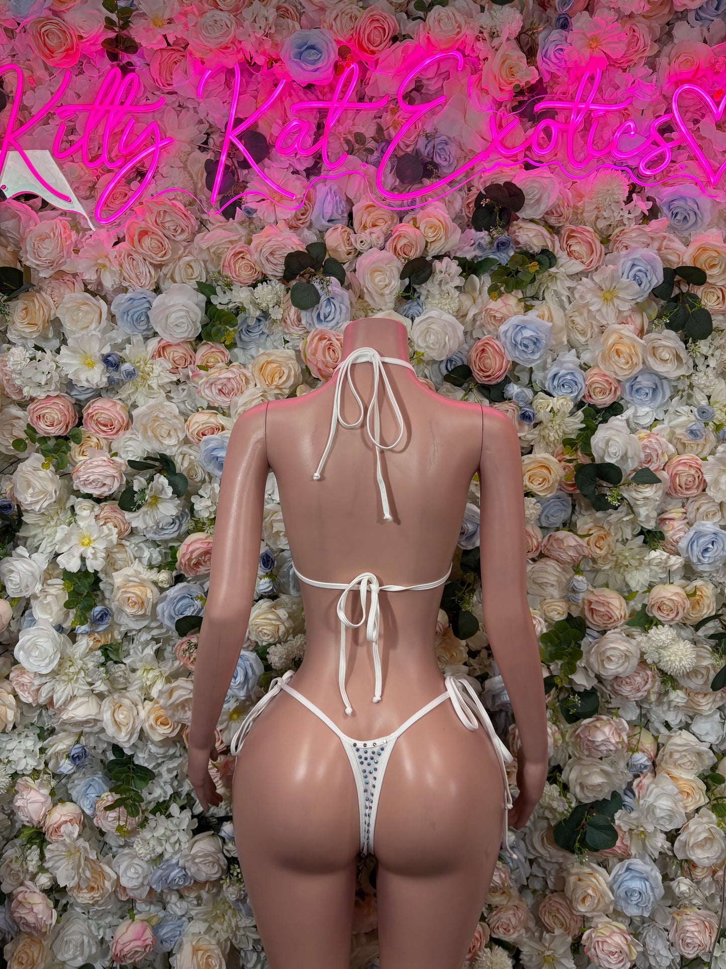 White rhinestone string bikini set with halter top and tie-back briefs