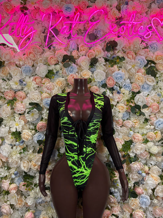 Black one-piece bodysuit with sheer long sleeves and neon green/yellow lightning print