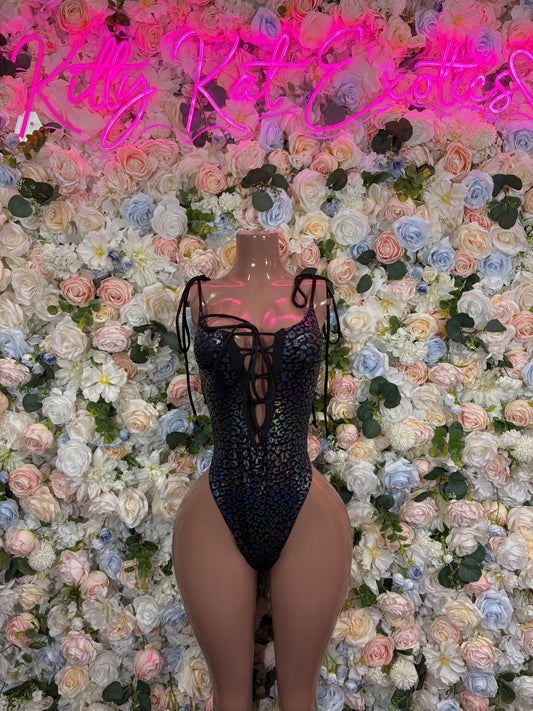 Black cheetah hologram bodysuit with sheer lace-up straps and high-cut legs