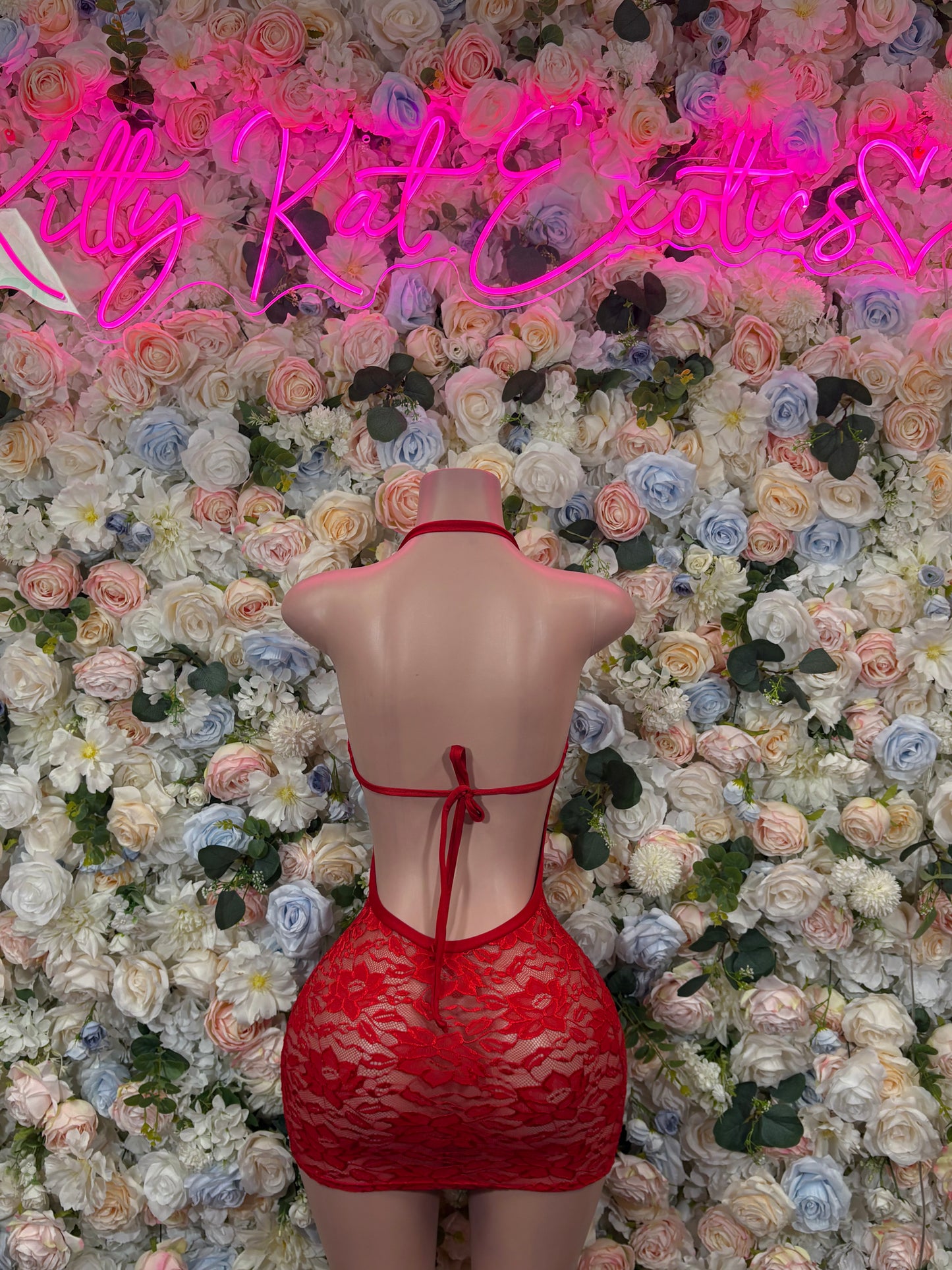 Red mesh one-piece dress, open back with halter straps and tie closure