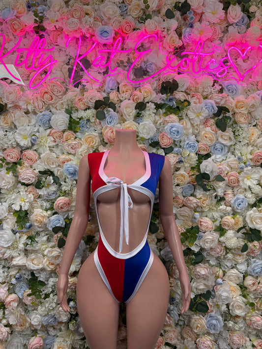Dominican Flag Bottlegirl Bodysuit, One Piece Bartender Outfit, Parade Costume, Festival Rave Wear