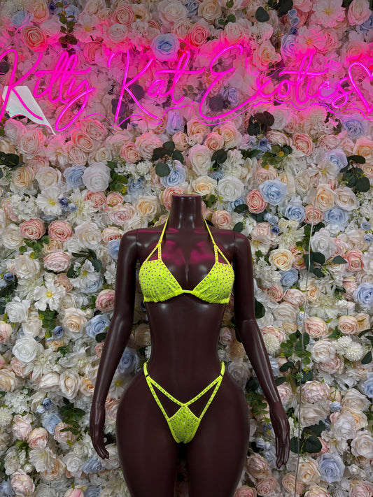 Rhinestone Bikini Set Neon Two Piece Exotic Dancewear