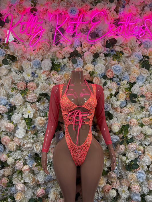 Bottlegirl Bodysuit One-Piece Coral Cheetah Print Bodysuit - Hologram Design | Exotic Dancewear for Performers, Raves