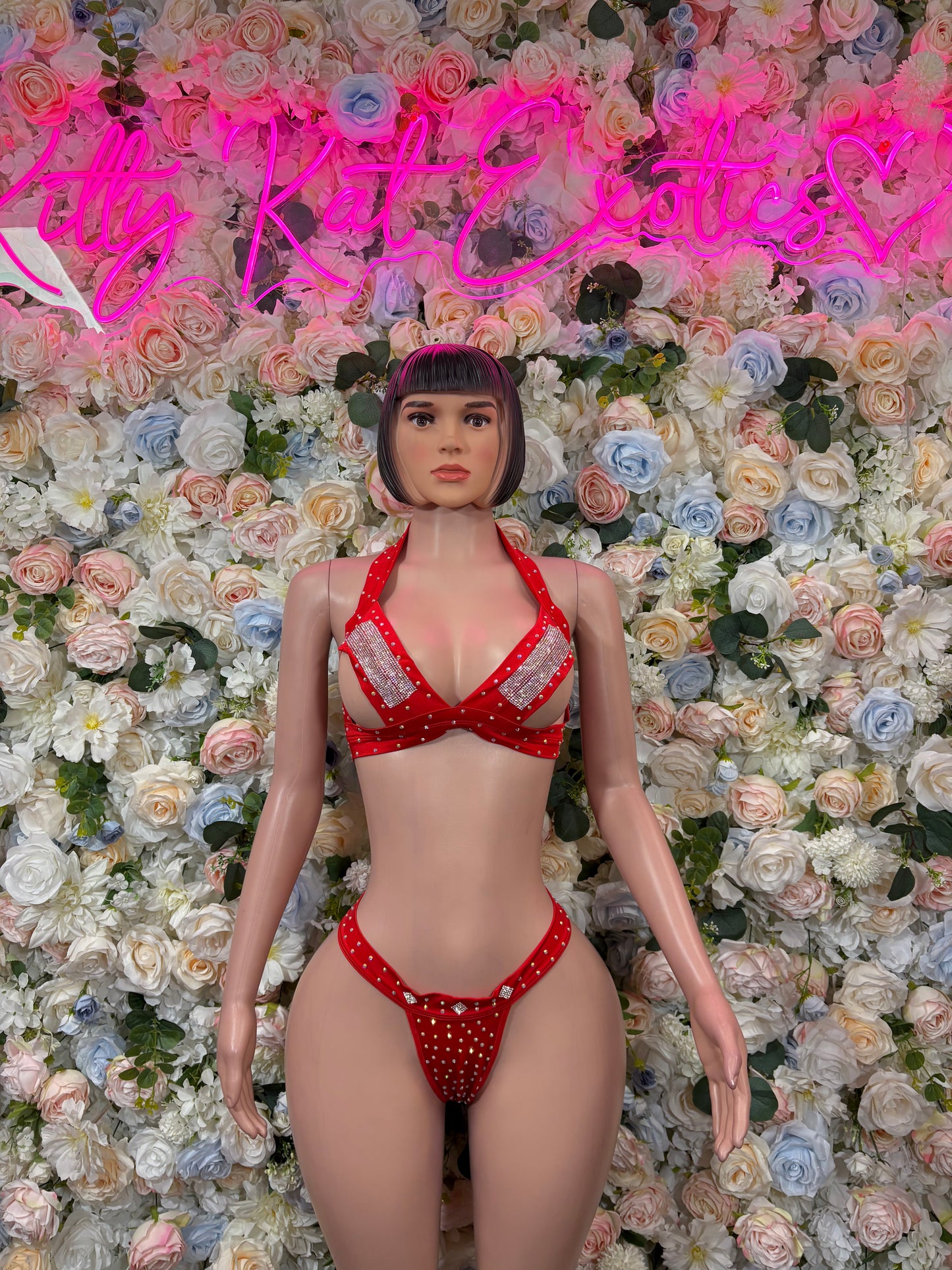 Red rhinestone triangle bikini top and matching high-cut bikini bottoms