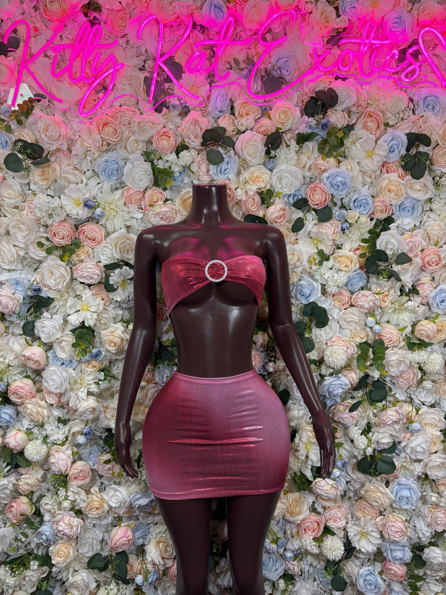 Burgundy Metallic Bandeau Crop Top & Mini Skirt Set with Rhinestone Circle Buckle Rave Festival Clubwear Outfit
