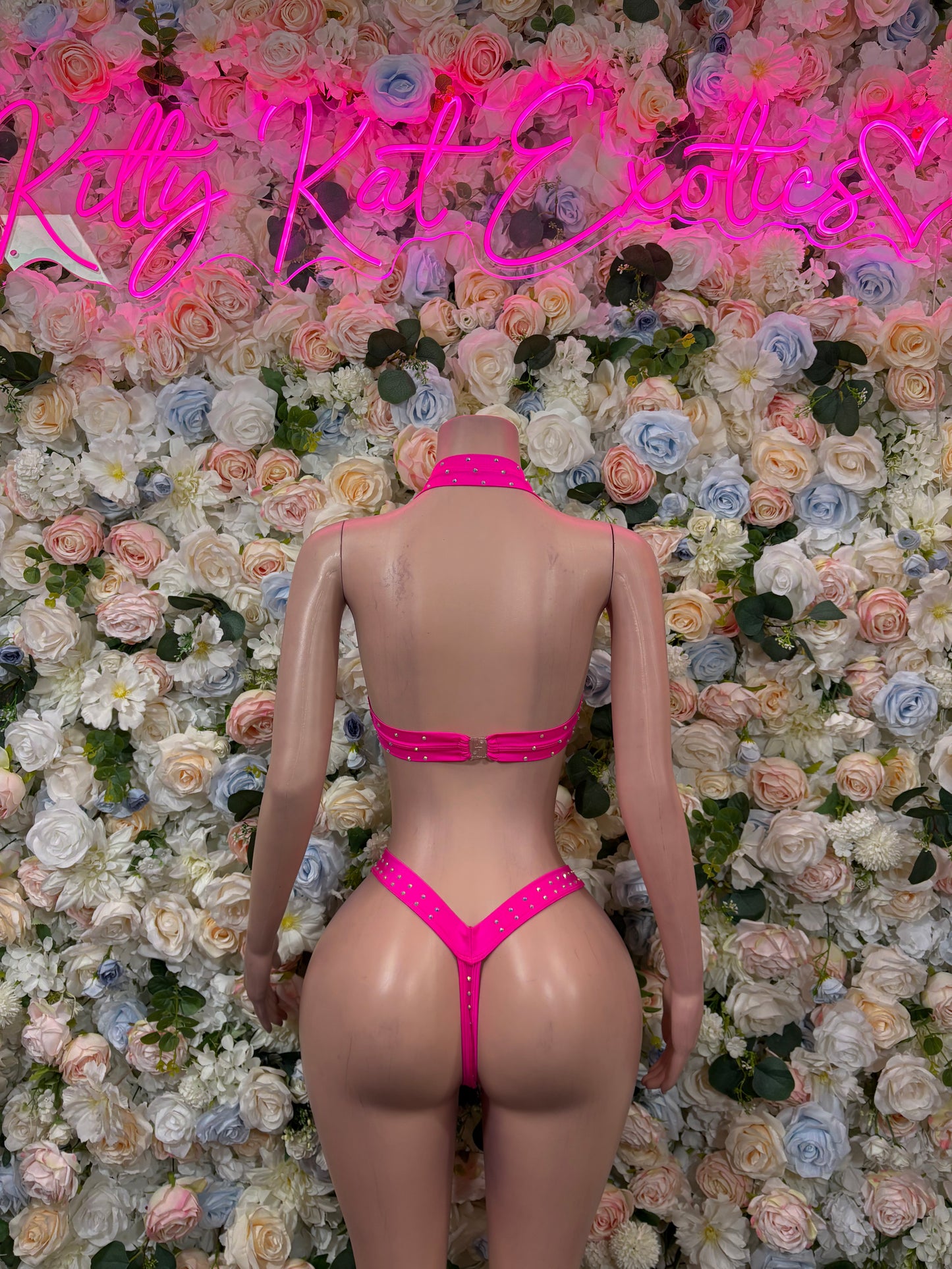 Pink rhinestone bikini set with strappy triangle back and matching high-cut bottoms