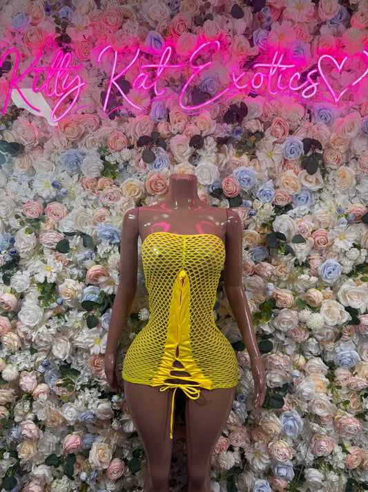 Yellow fishnet bodysuit with sweetheart neckline and lace-up waist detail