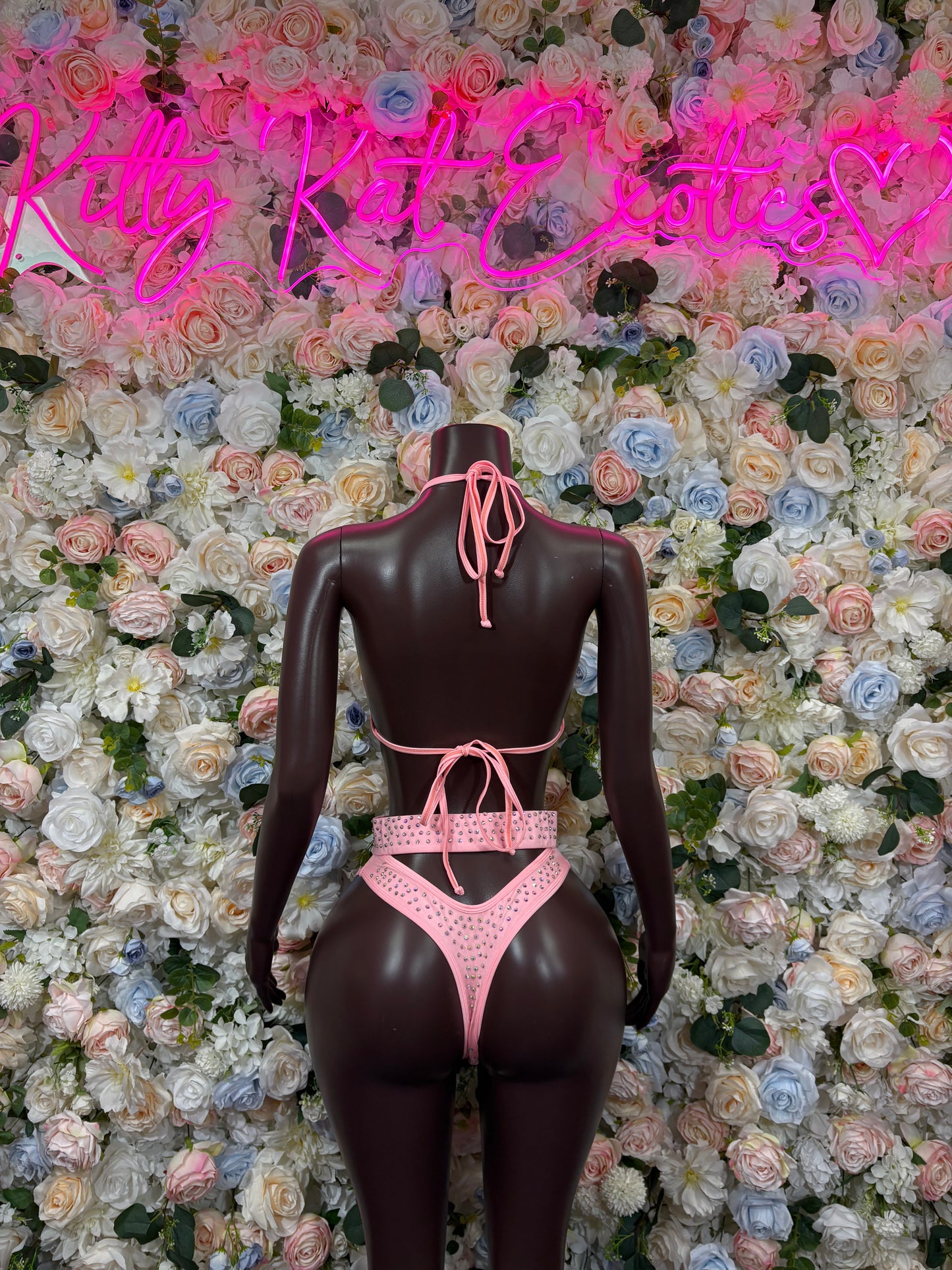 Pink rhinestone two-piece bikini set from back: triangle top with tie strings