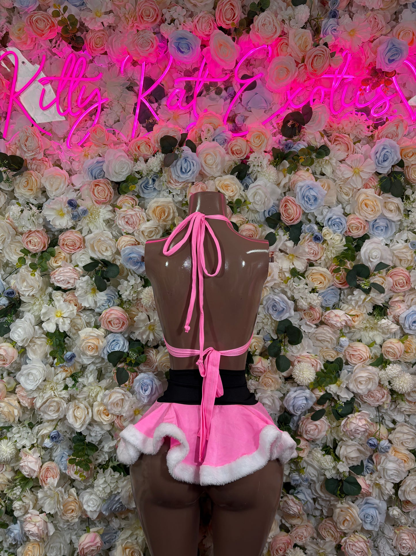 Christmas Pink Santa Holiday Outfit Two Piece Skirt Set Pink Santa Exotic Dancewear Costume Holiday Outfit