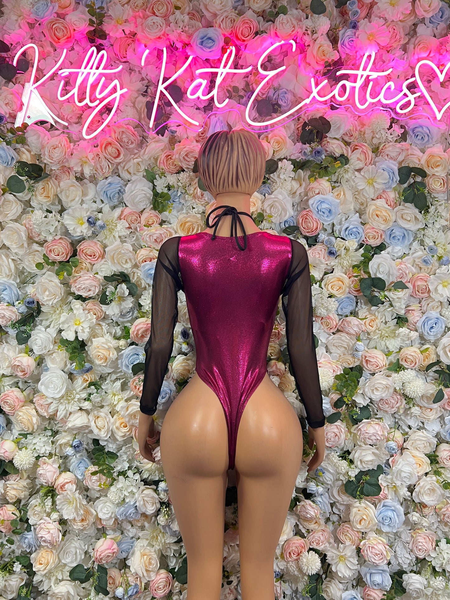 Burgundy dance bodysuit with open back lace and sheer black long sleeves