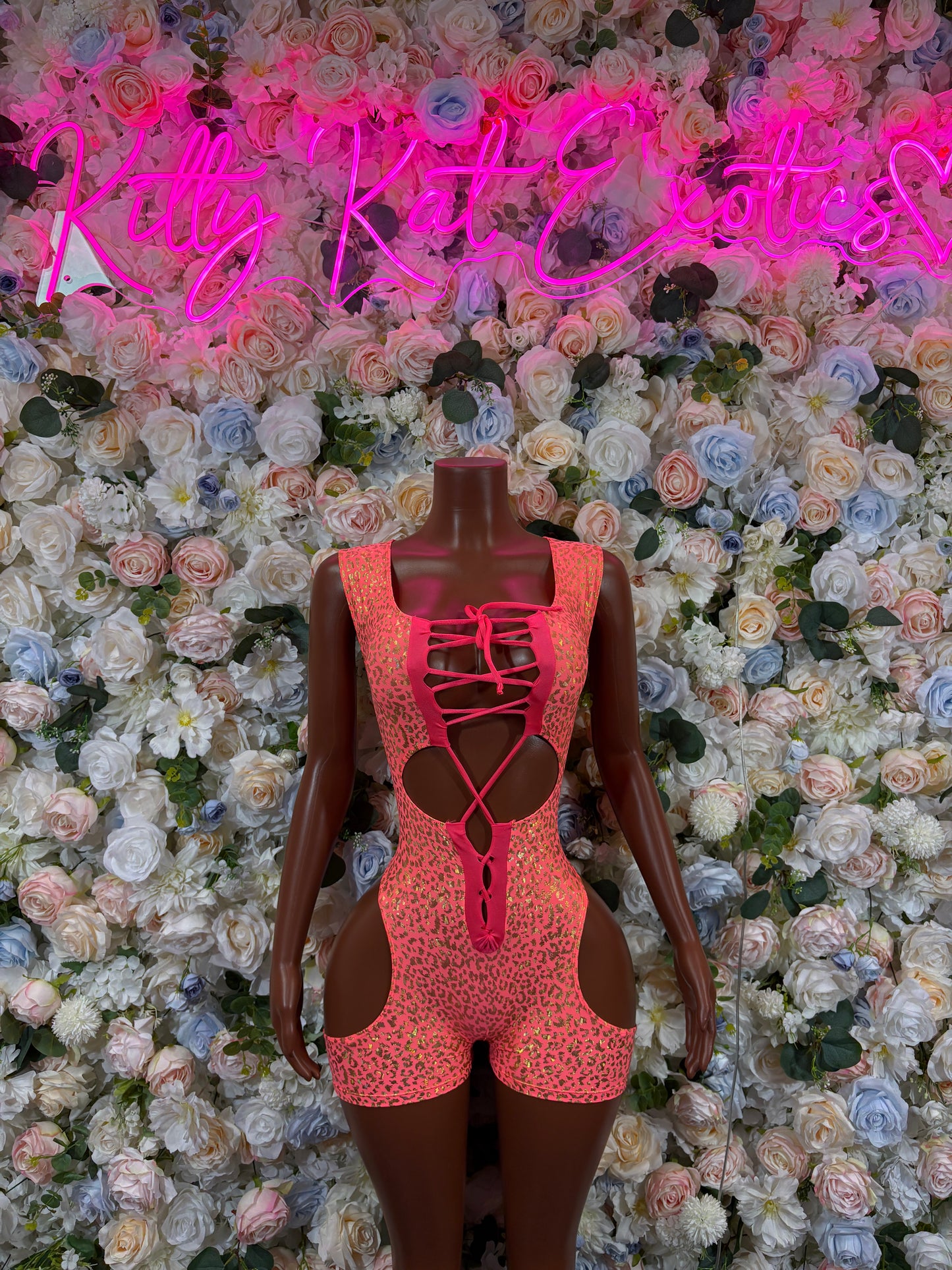 Bottlegirl Bodysuit One-Piece Coral Cheetah Print Bodysuit - Hologram Design | Exotic Dancewear for Performers, Raves