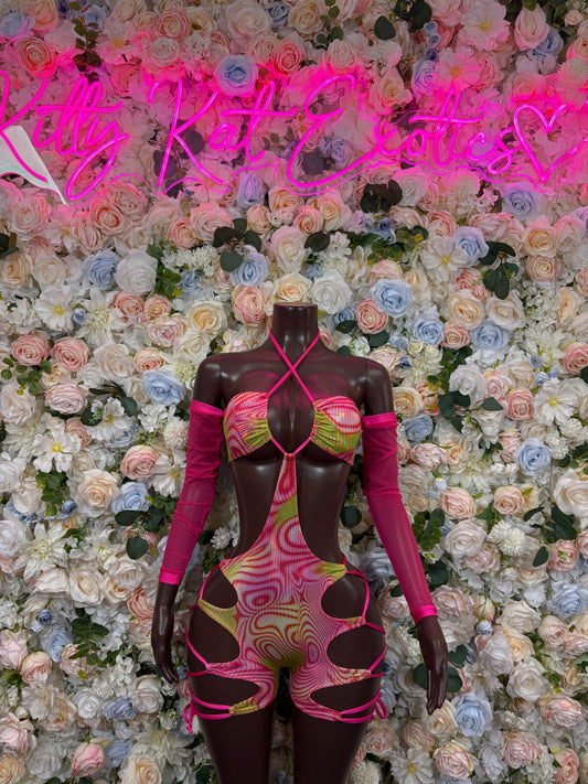 Pink and black holographic dance bodysuit with long sleeves and cutout sides