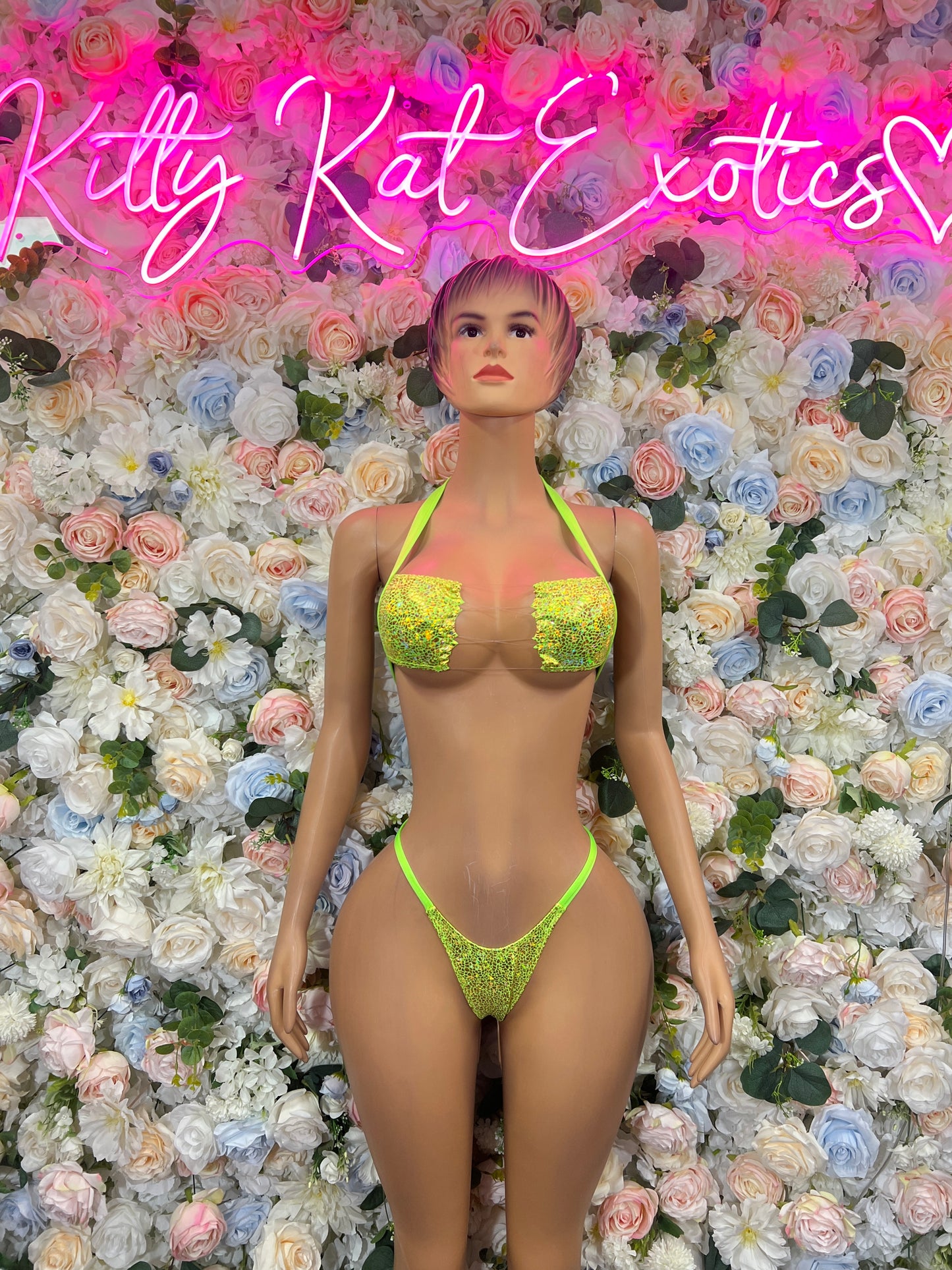 Neon Yellow Holographic Bikini Set – Rave Festival Dancewear, Exotic Clubwear