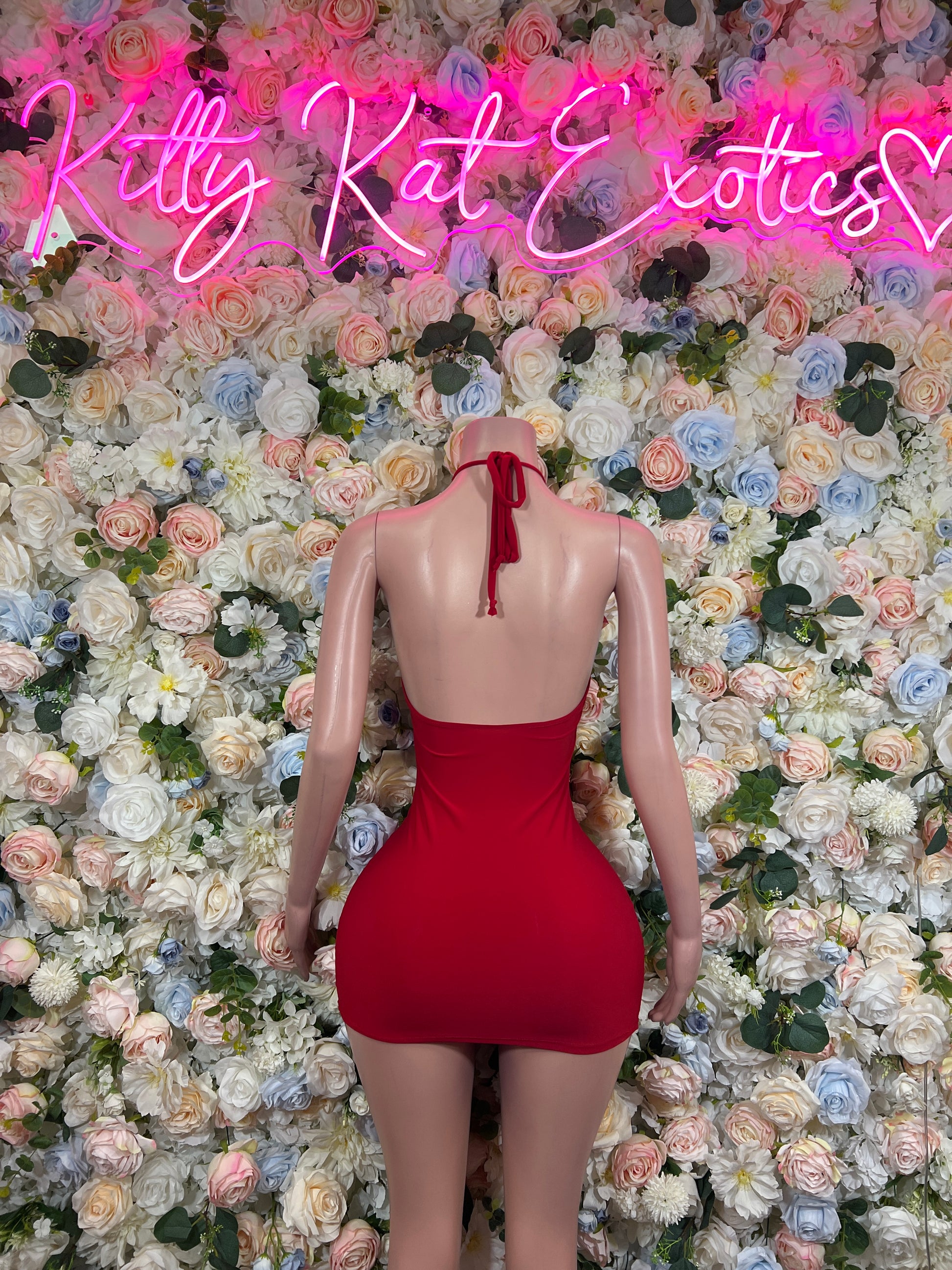 Red ruffle halter bodycon mini dress on mannequin, open back with tie straps