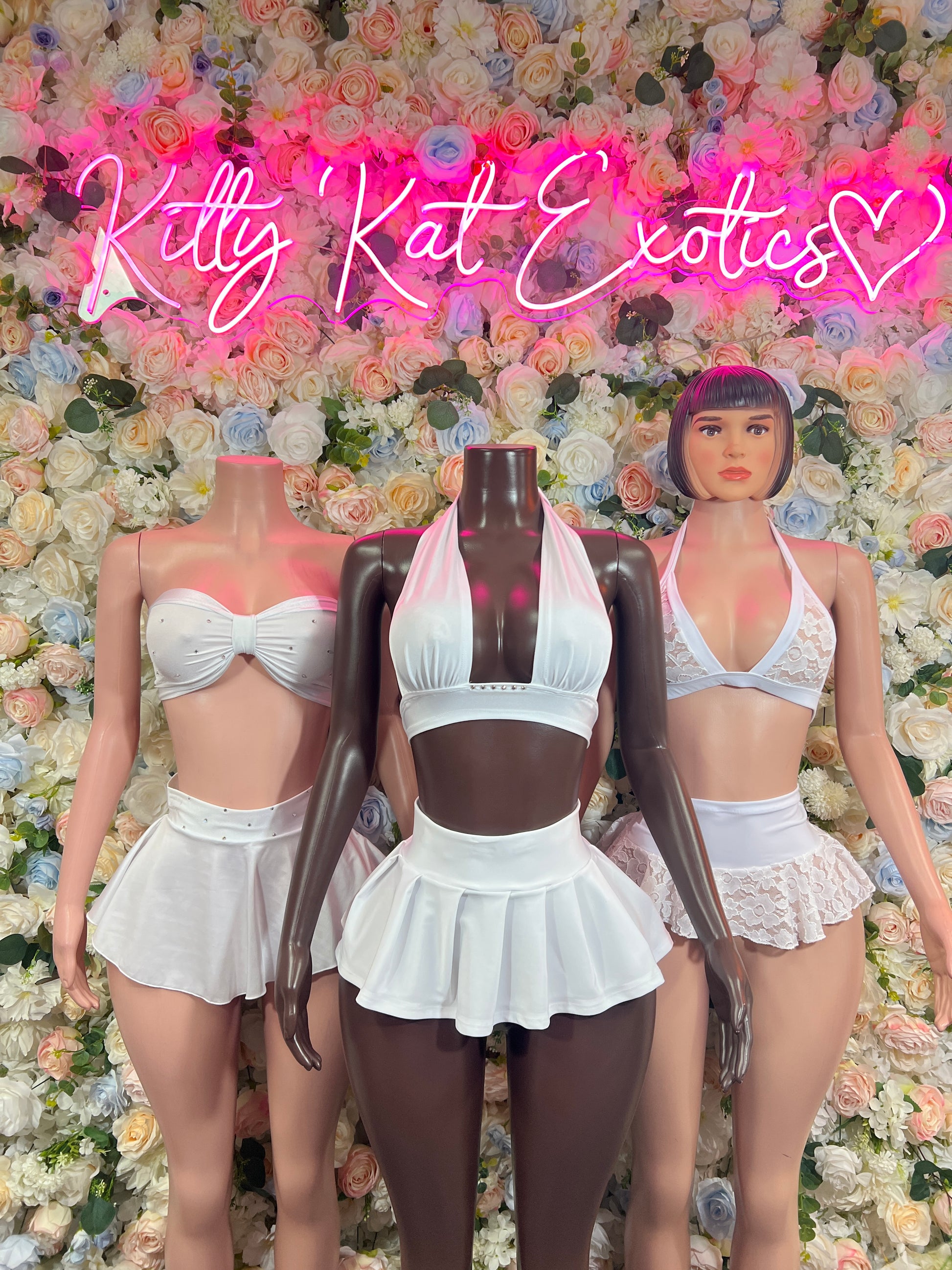 White two-piece rave outfit set: bandeau top with ruffled mini skirt, multiple angles
