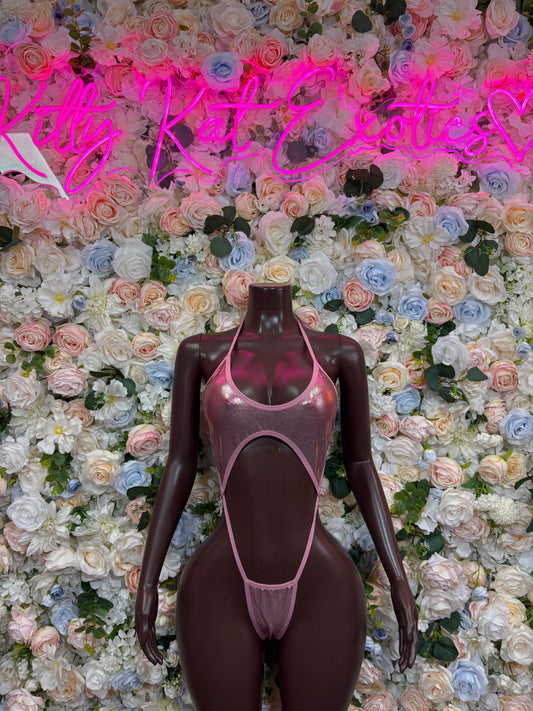 One-piece bodysuit with cutout front, dark sheer fabric and pink straps