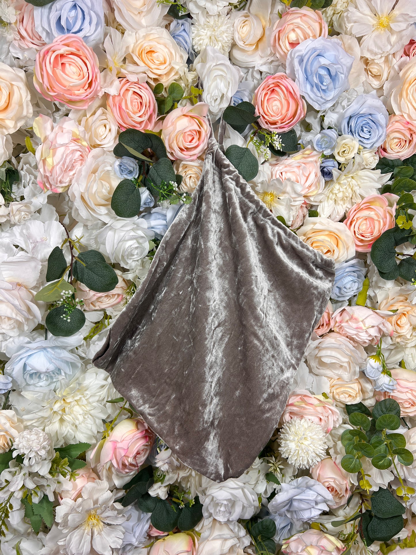 Grey velvet money bag pouch with gathered drawstring opening