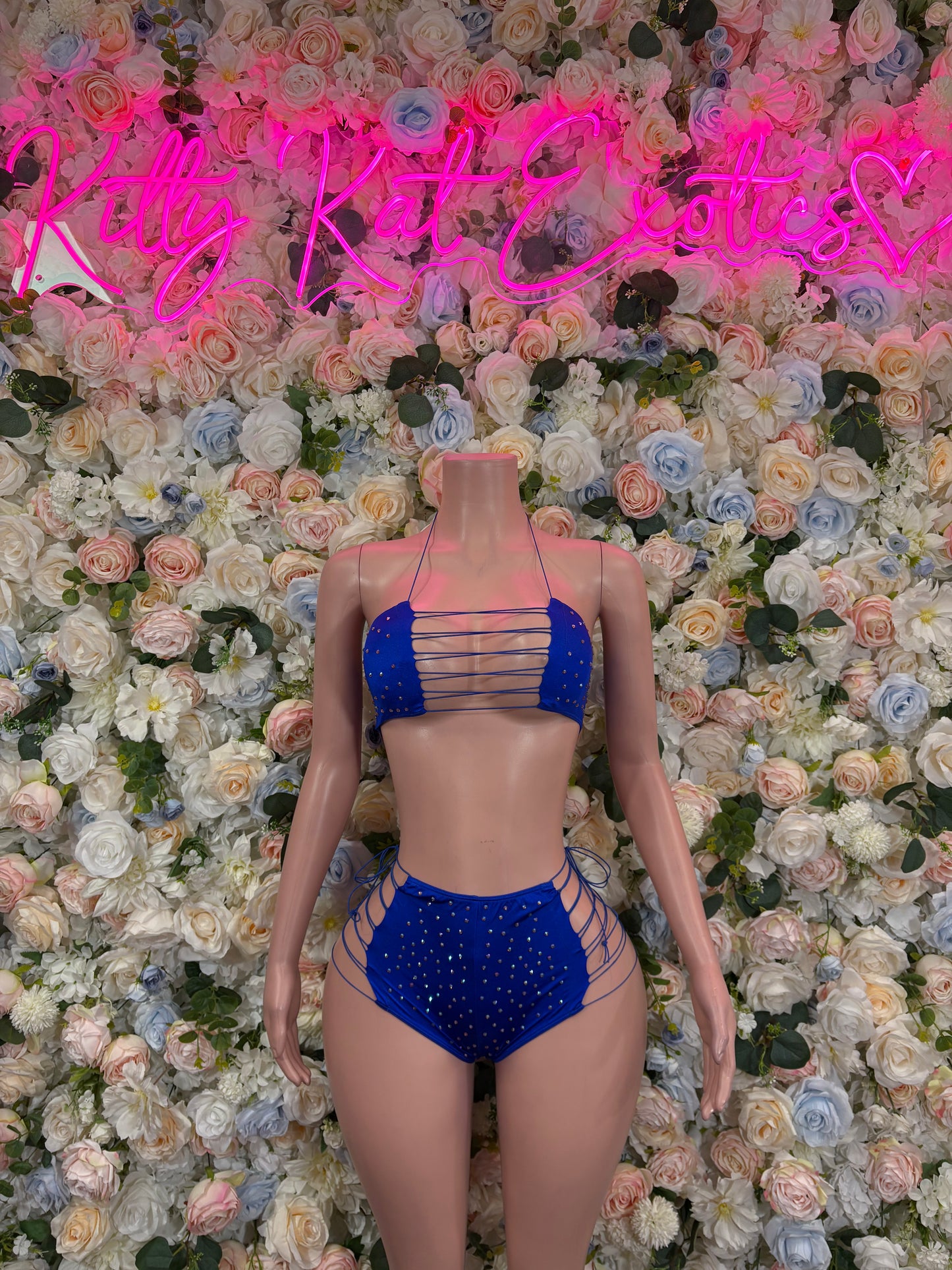 Blue rhinestone two-piece rave bodysuit: strap bandeau top and high-waist bottoms
