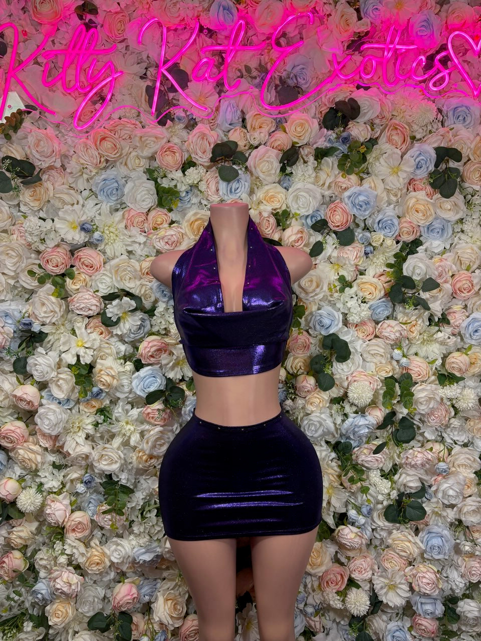 Shiny metallic halter crop top and mini skirt set, dark purple front view