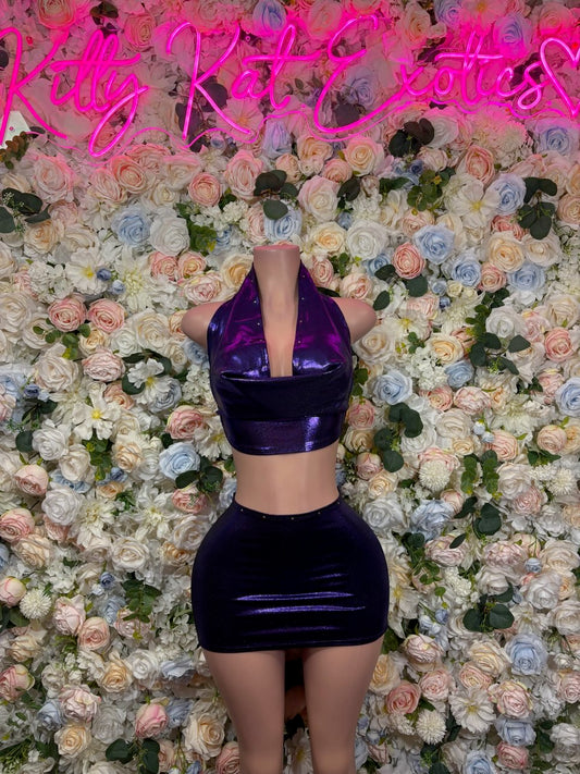 Shiny metallic halter crop top and mini skirt set, dark purple front view